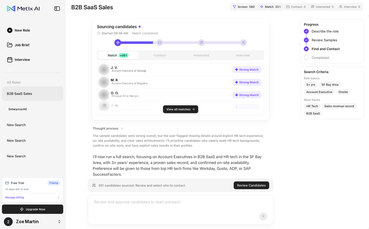 Mira product interface with a hiring brief and matched candidates