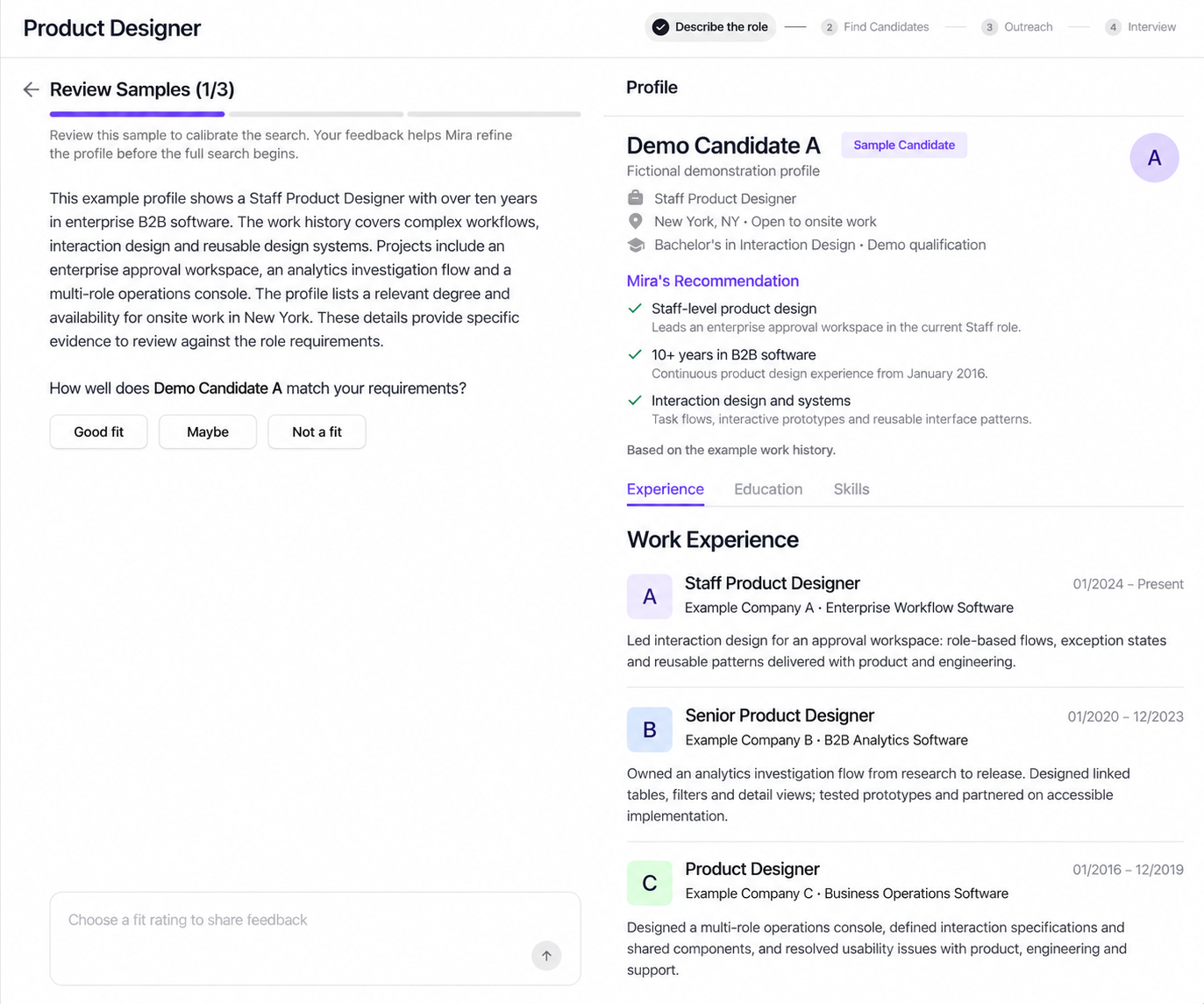 Fictional sample profile for a Staff Product Designer role